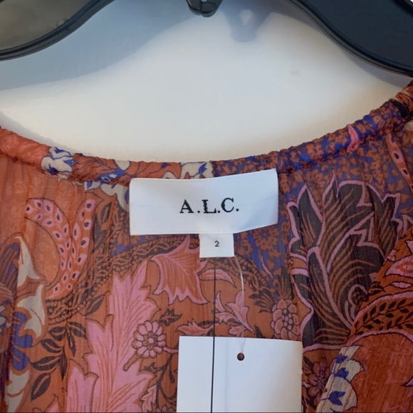 NWT A.L.C ALC pink purple printed tiered long sleeve v-neck mini dress - Picture 12 of 14